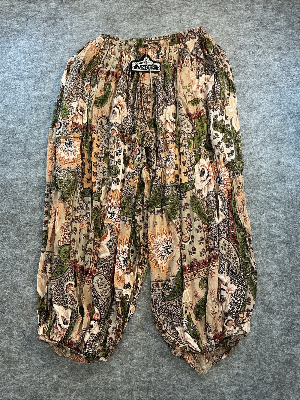Angie Beige & Green Paisley Casual Harem Balloon Pants Size L
